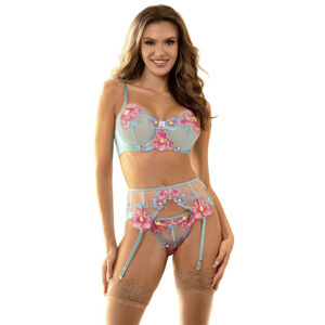 SUBBLIME - 957643 ENSEMBLE SOUTIEN-GORGE ET PORTE-JARRETELLES BRODÉ FLEURS ROSE S/M