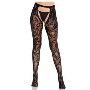 LEG AVENUE - BAS EN DENTELLE ROSE AVEC DOS OUVERT NOIR