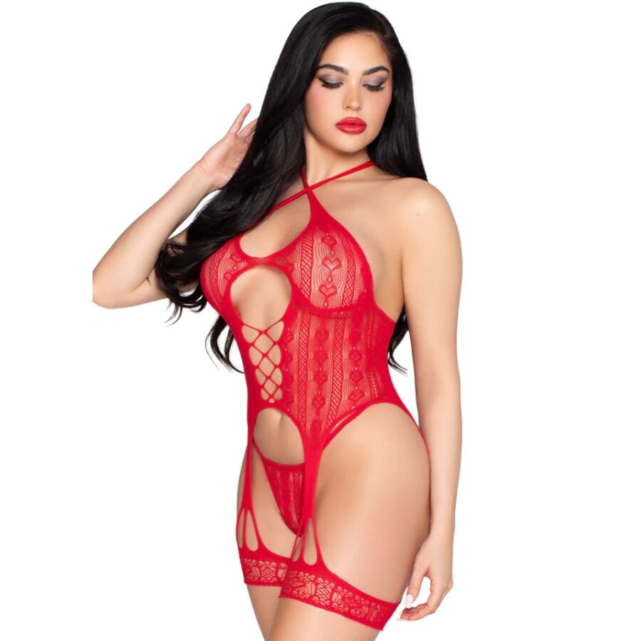 LEG AVENUE - 89338 BODY OUVERT EN DENTELLE AVEC PORTE-JARRETELLES + STRING ROUGE - TAILLE UNIQUE – Image 2