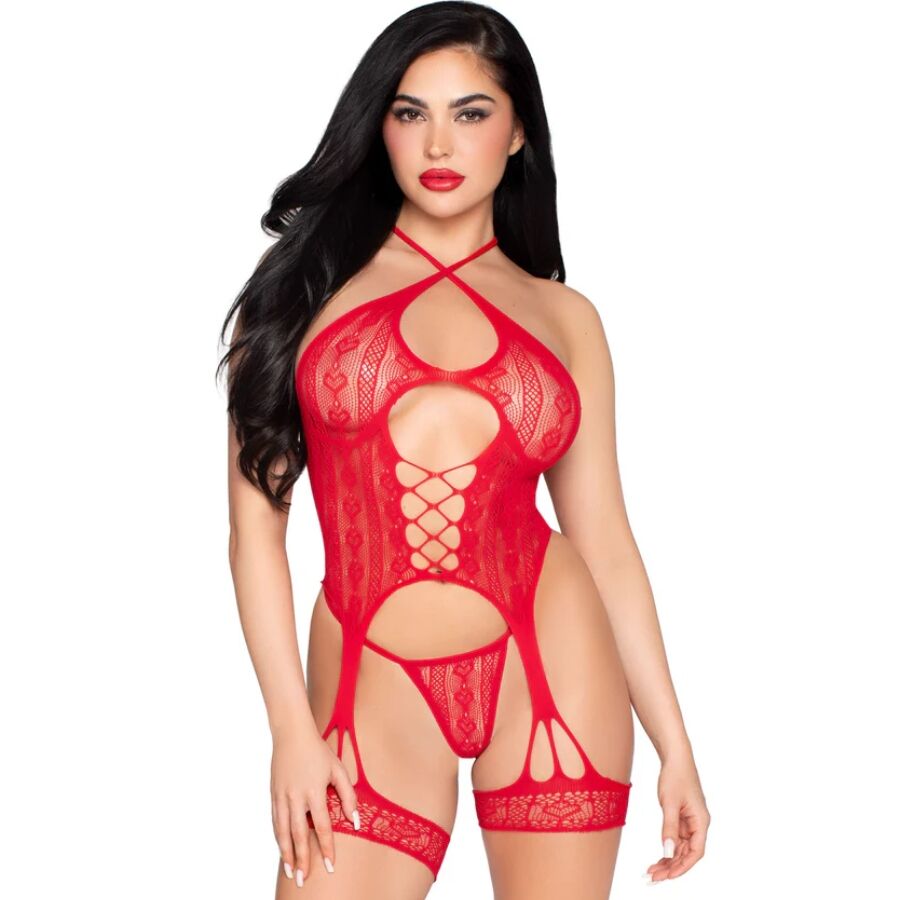 LEG AVENUE - 89338 BODY OUVERT EN DENTELLE AVEC PORTE-JARRETELLES + STRING ROUGE - TAILLE UNIQUE