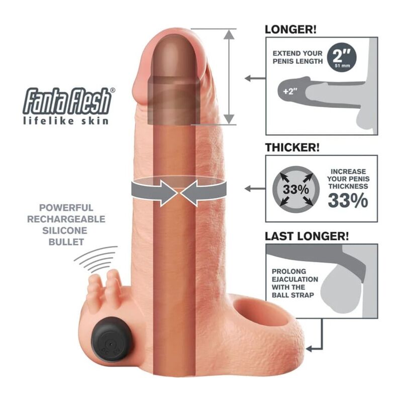 FANTASY X-TENSIONS - MANCHON DEXTENSION PÉNIENNE DE 5 CM À SENSATIONS RÉELLES VIBRANTES, BEIGE – Image 4